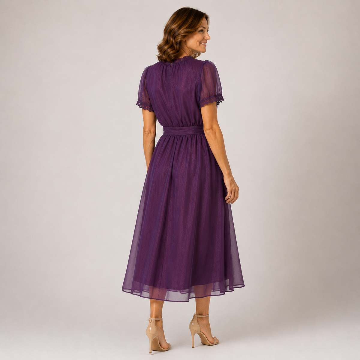Sheer Chiffon Ruffle Neck Short Sleeve Lace Trim Midi Dress 5