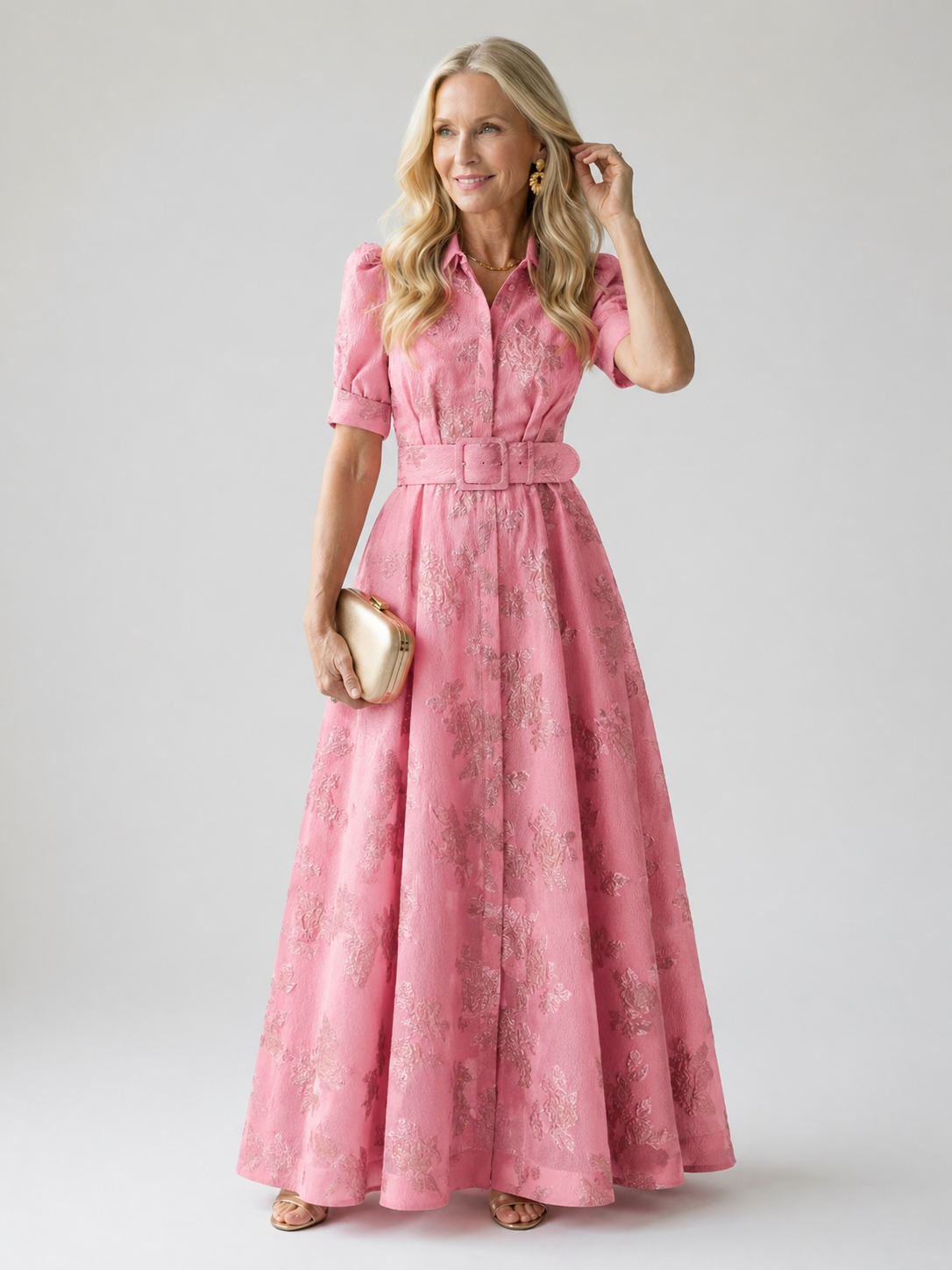Floral Jacquard Collared Short Sleeve Belted A-Line Maxi Shirt Dress 5