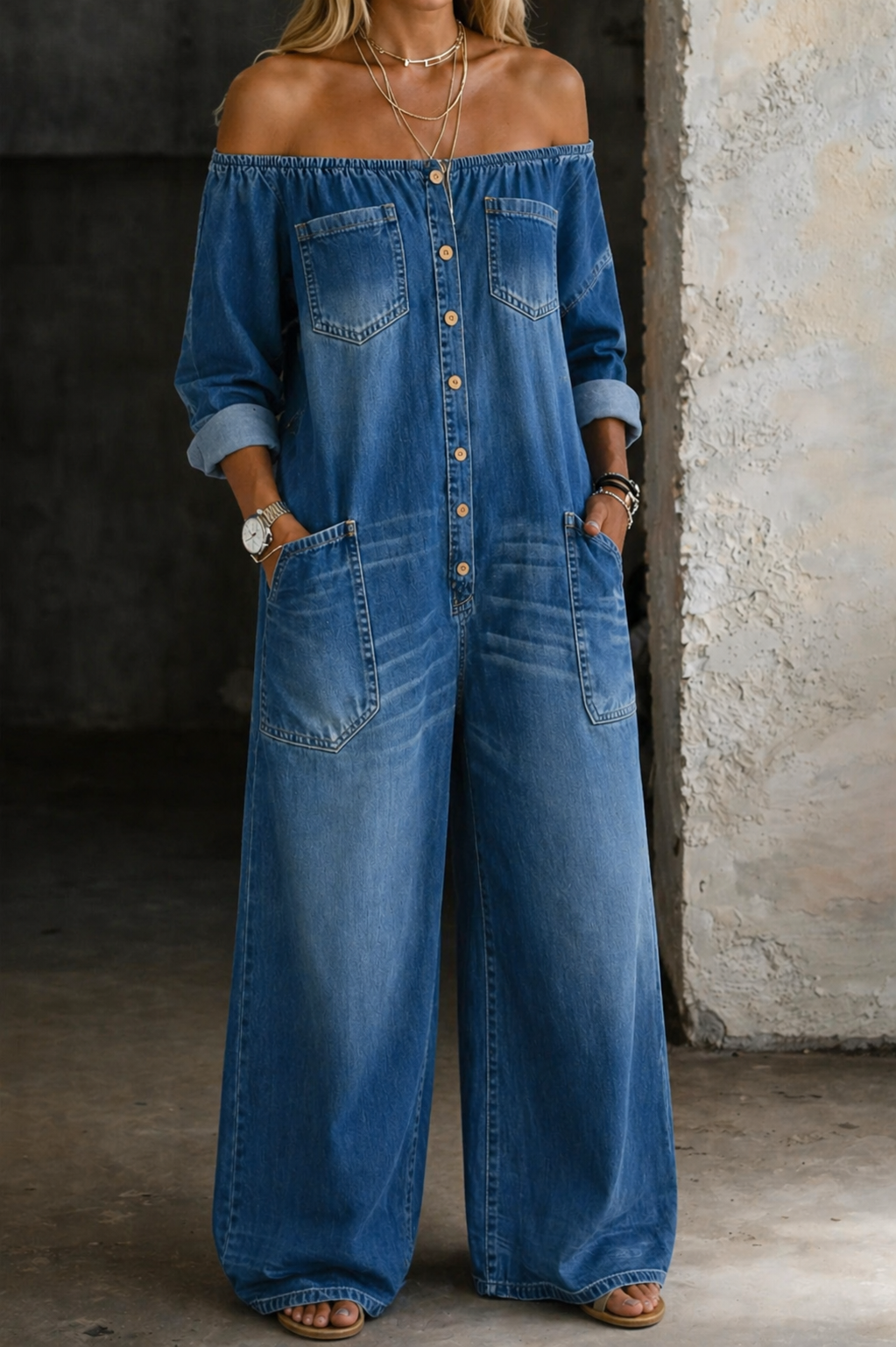 Off Shoulder Long Sleeve Button Front Wide Leg Denim Jumpsuit
