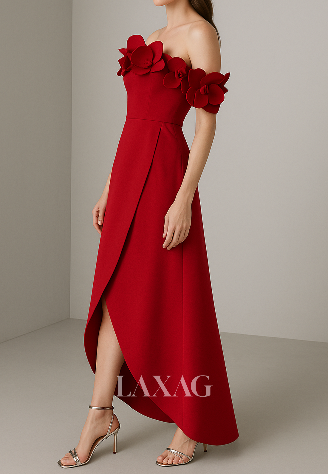 Floral Embellished Tube Top Sleeveless Ankle-Length Pleated Satin A-Line Evening Dress with Slit