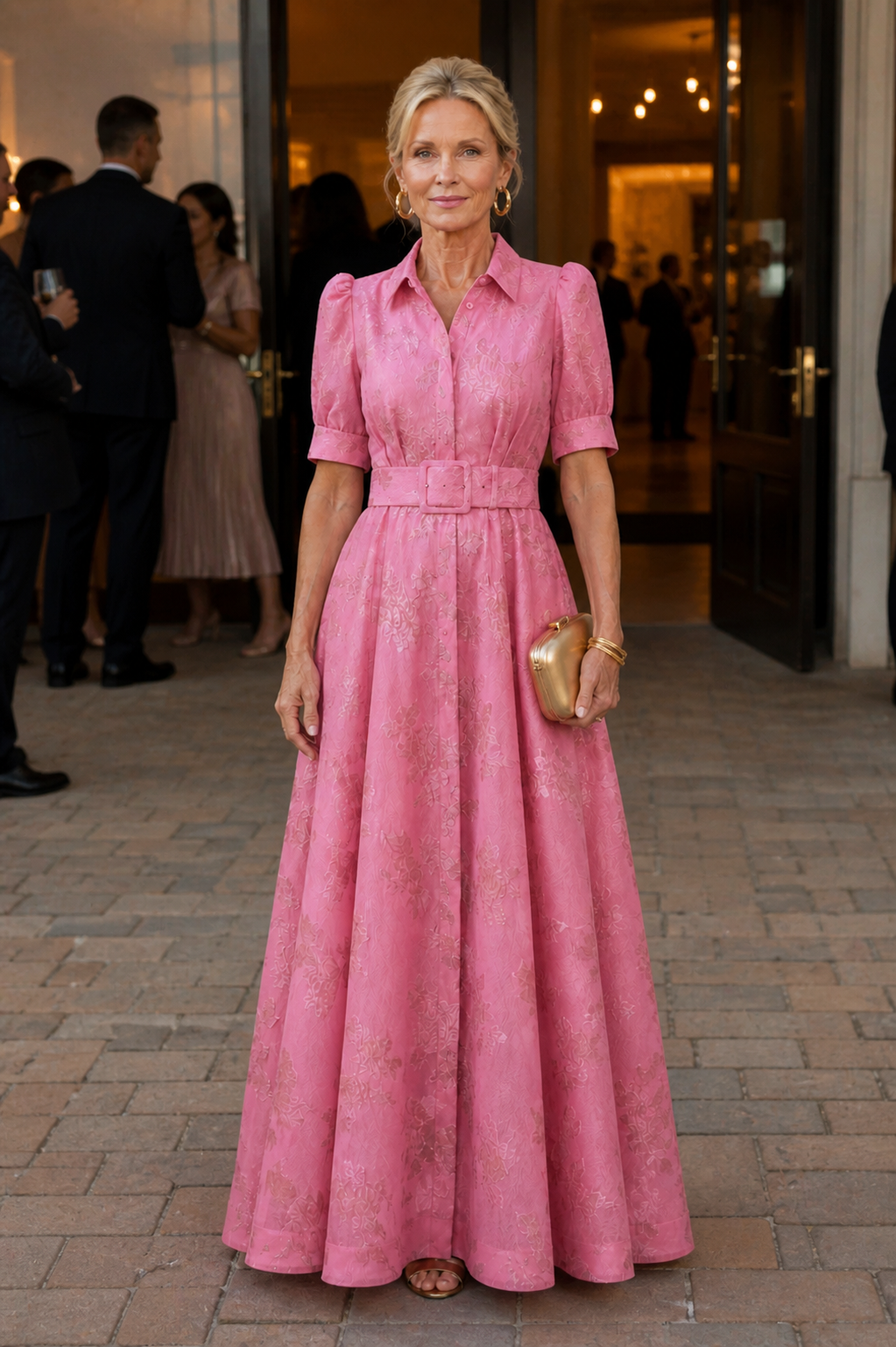 Floral Jacquard Collared Short Sleeve Belted A-Line Maxi Shirt Dress 2