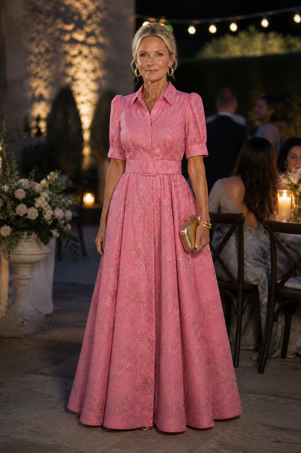 Floral Jacquard Collared Short Sleeve Belted A-Line Maxi Shirt Dress 4