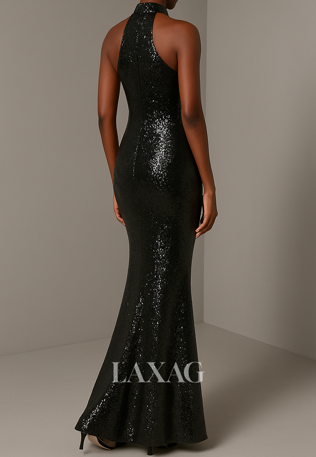 Halter-Neck Sleeveless Mermaid Evening Dress Fully Sequined Floor-Length Formal Gowns