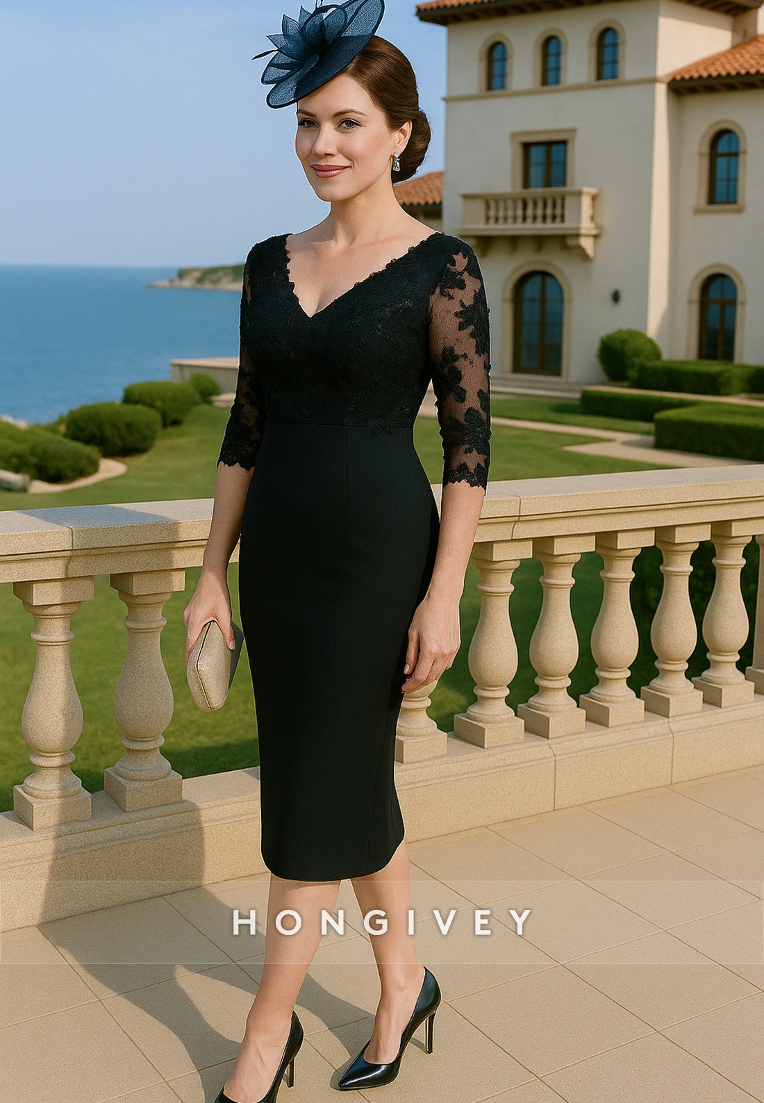 V-Neck Half Sleeves V Back Tea-Length Lace Sheath Mother of Bride Dresses