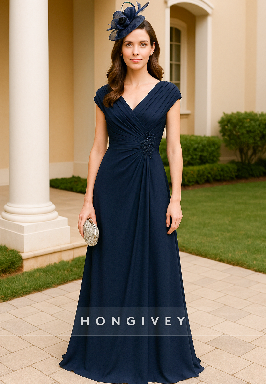 V-Neck Floor-Length A-Line Cap Sleeves Pleated V Back Mother of Bride Dresses