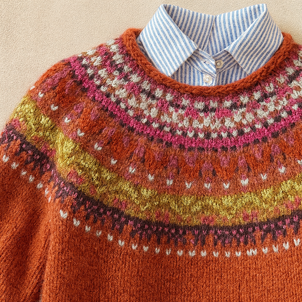 Crew Neck Drop Shoulder Fair Isle Knit Sweater 2