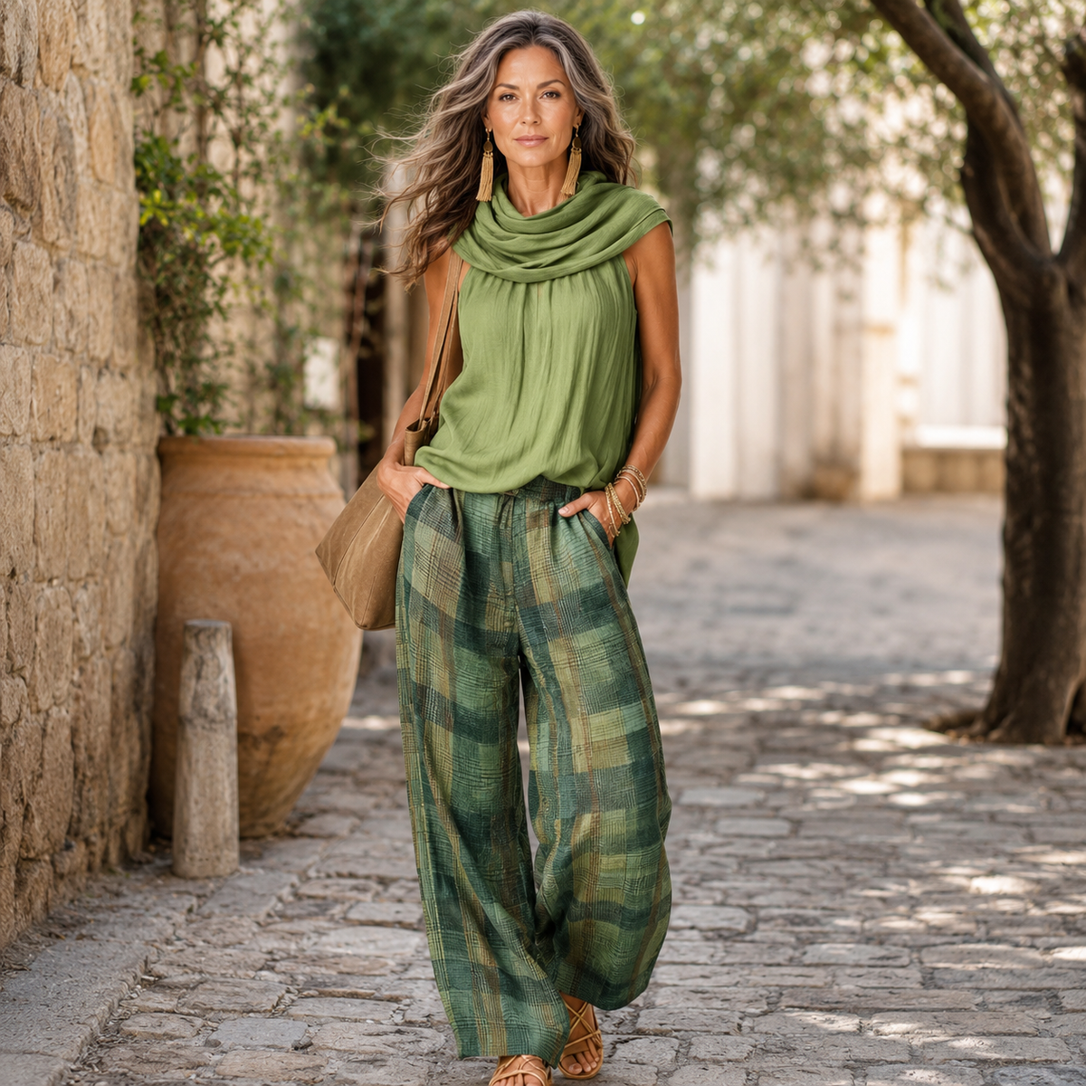 Cowl Neck Sleeveless Top and Plaid Wide Leg Pants Two Piece Set 4