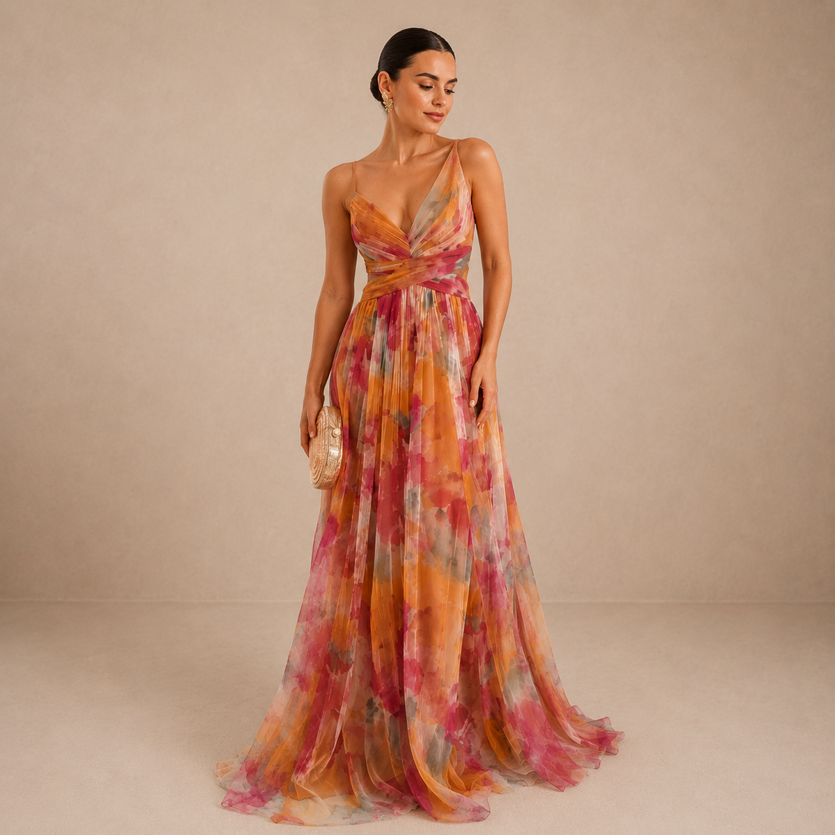Floral Print Chiffon Deep V-Neck Ruched Waist A-Line Maxi Dress