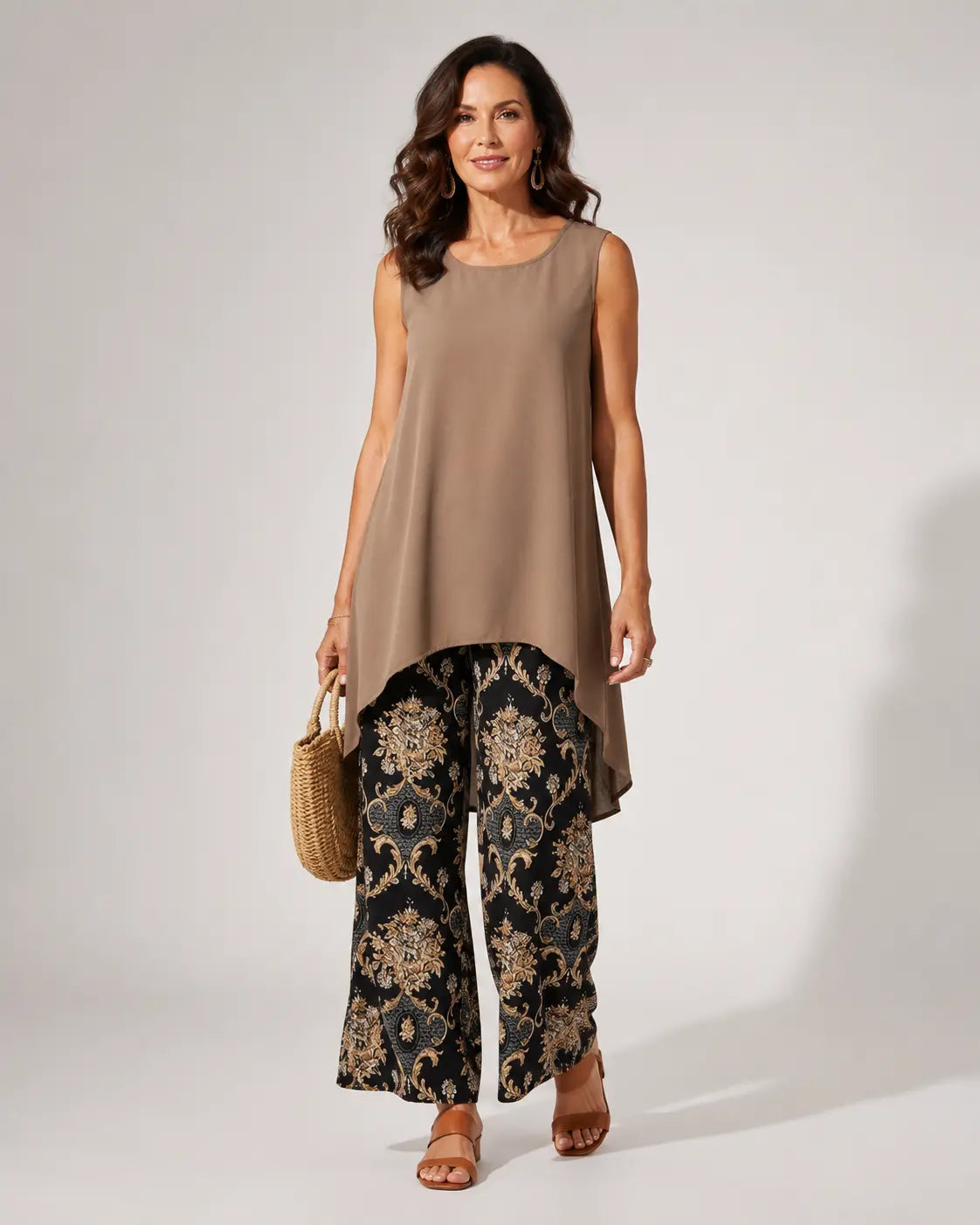 Sleeveless High Low Tunic Top and Paisley Wide Leg Pants Two Piece Set