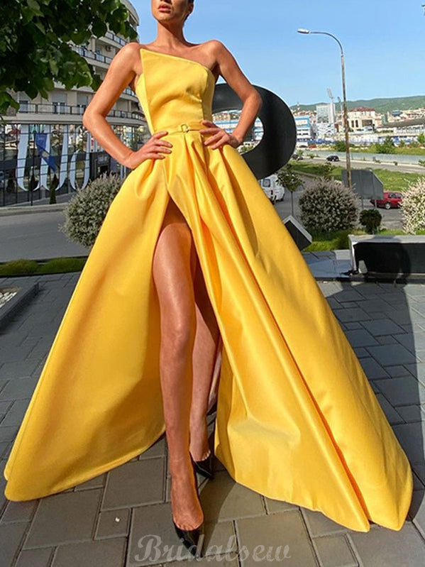 Cheap Yellow A-line Satin Side Slit Long Prom Dresses PD004