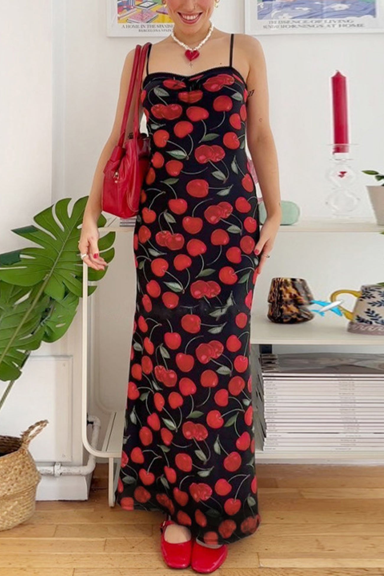 Cherry Print Drawstring Cami Dress
