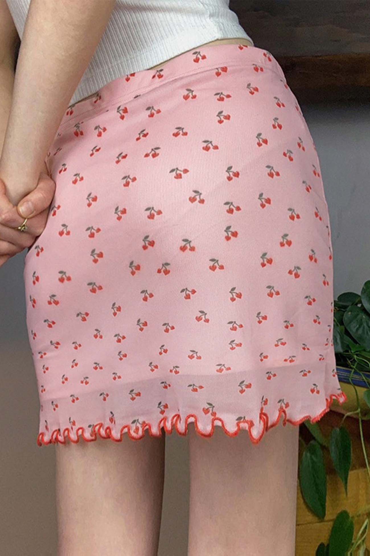 Cherry Printed Mesh Mini Skirt