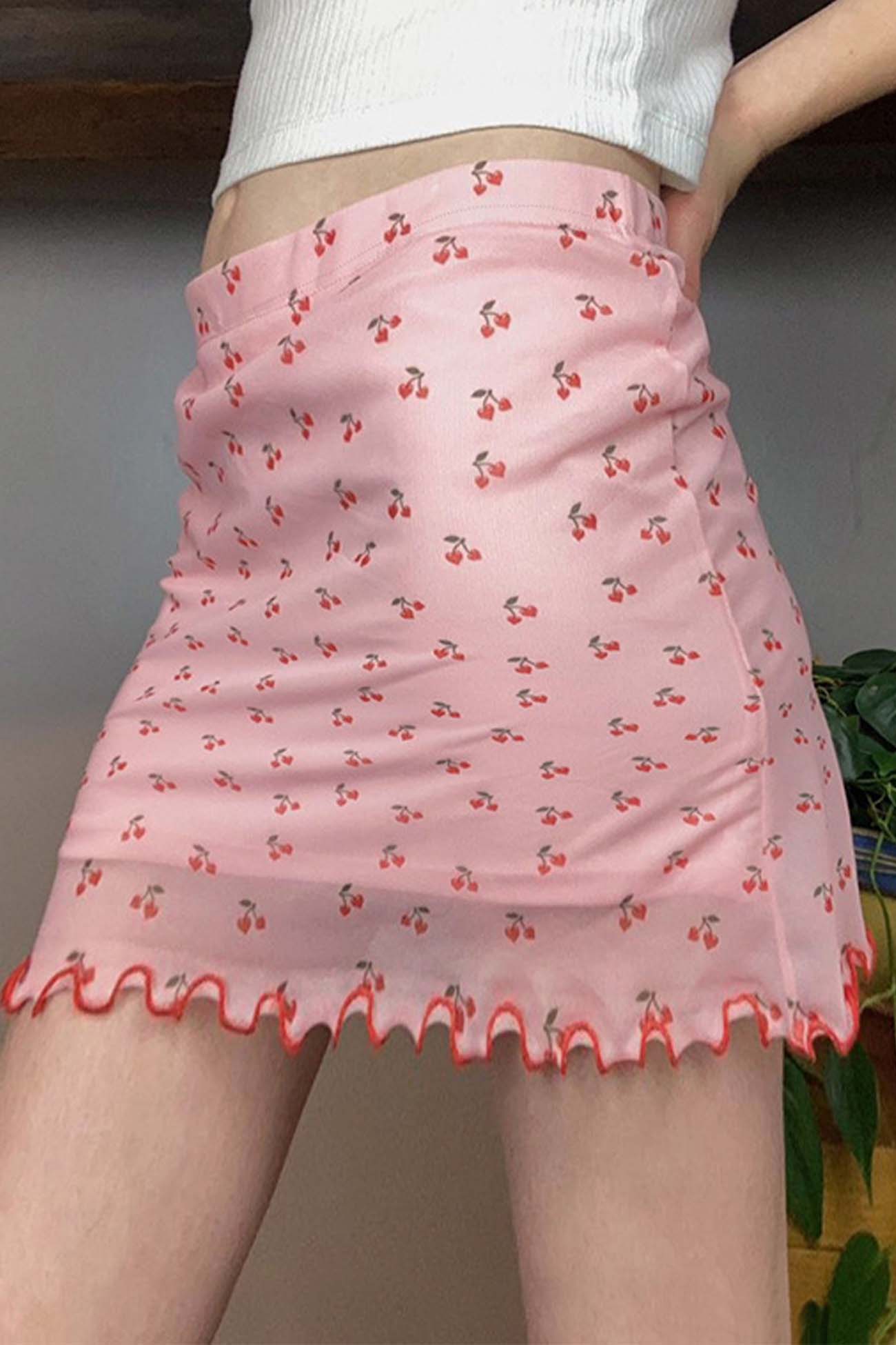Cherry Printed Mesh Mini Skirt