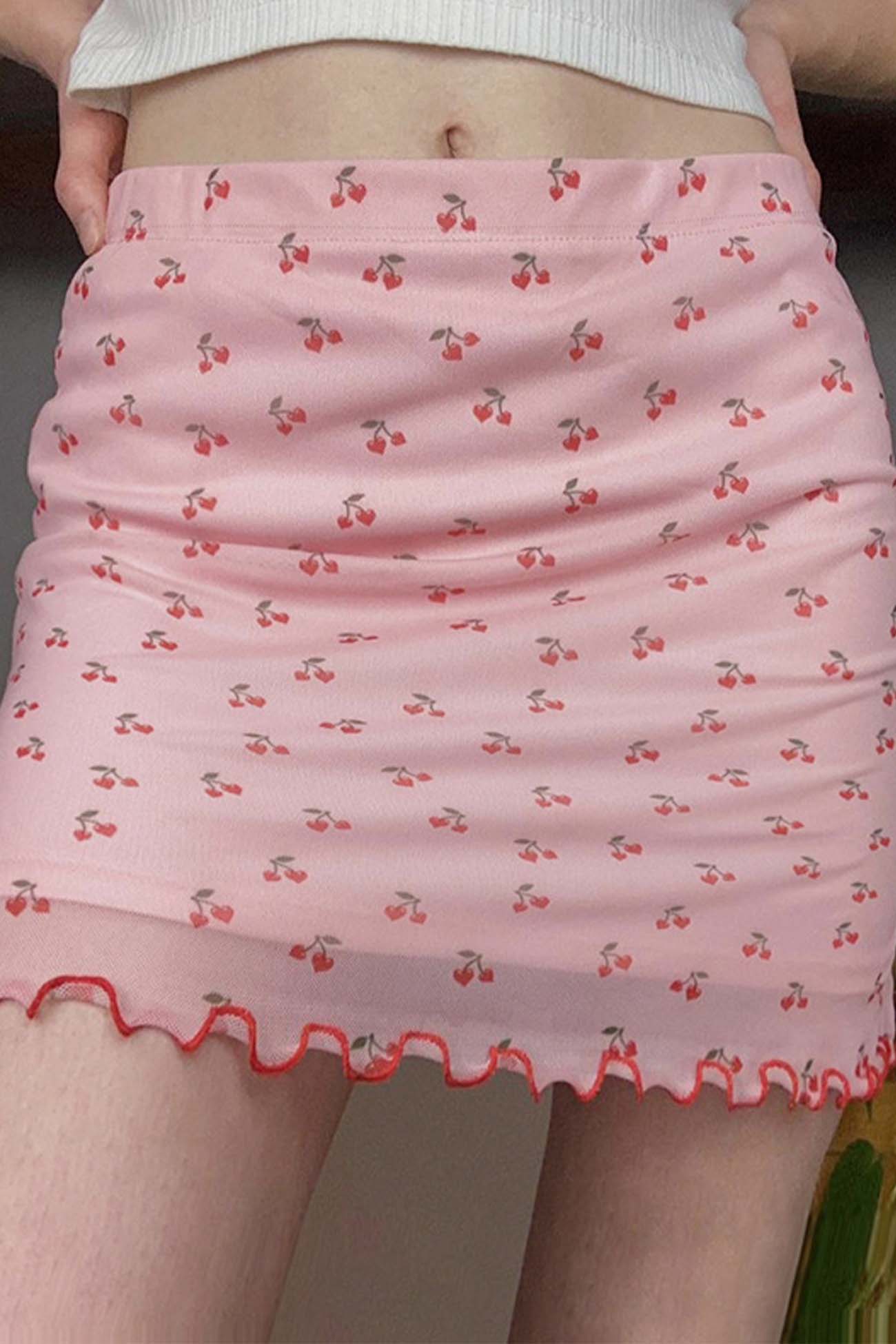 Cherry Printed Mesh Mini Skirt
