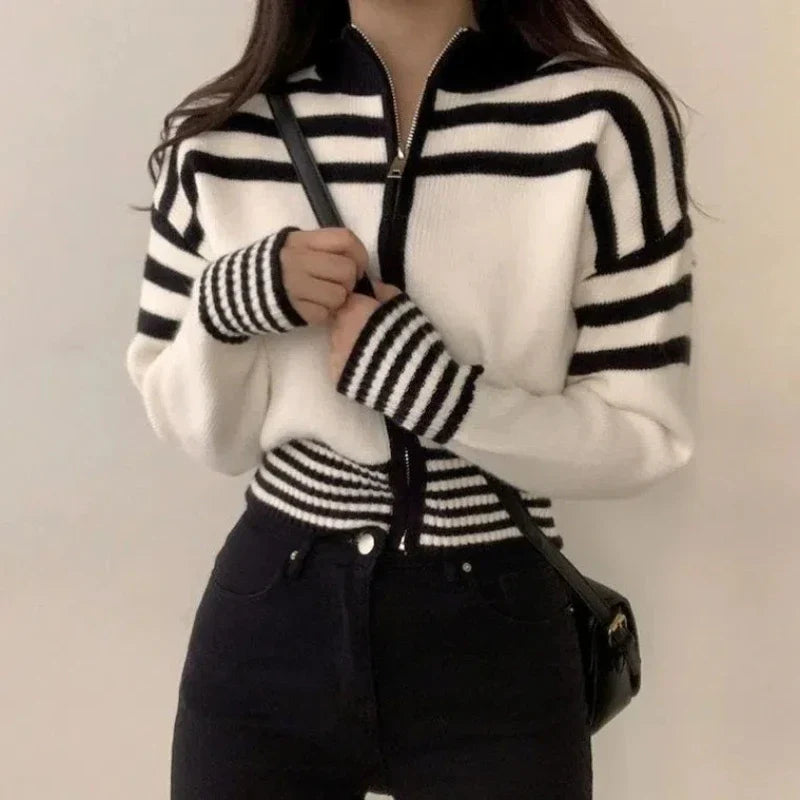 Striped Zipper Stand-Up Collar Cardigan