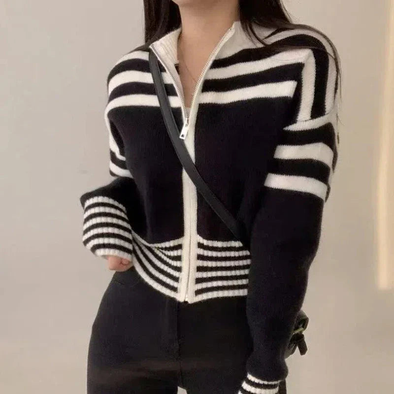 Striped Zipper Stand-Up Collar Cardigan
