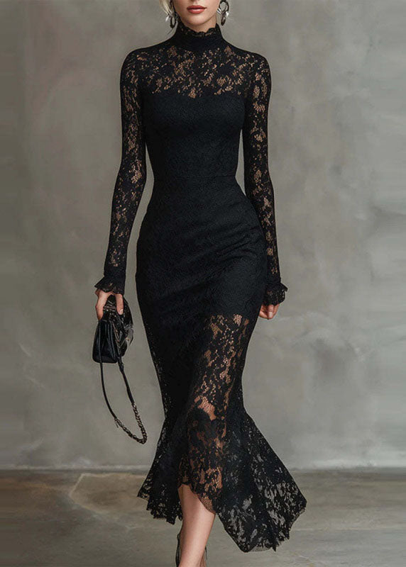 Floral Lace Mock Neck Long Sleeve Ruffle Cuff Mermaid Hem Midi Dress