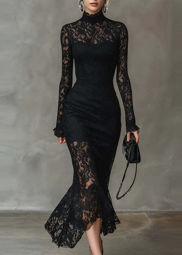 Floral Lace Mock Neck Long Sleeve Ruffle Cuff Mermaid Hem Midi Dress - View 3