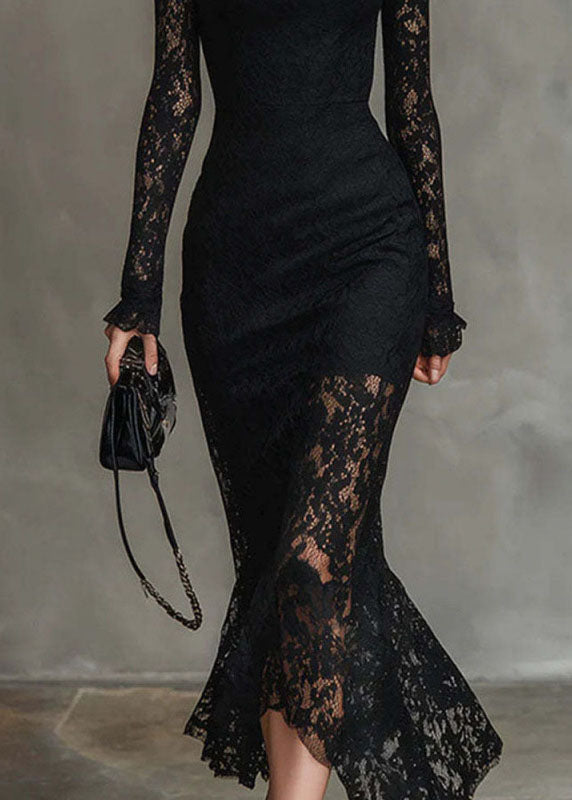 Floral Lace Mock Neck Long Sleeve Ruffle Cuff Mermaid Hem Midi Dress - View 4