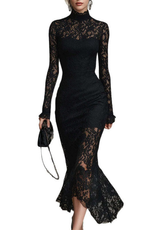 Floral Lace Mock Neck Long Sleeve Ruffle Cuff Mermaid Hem Midi Dress - View 5