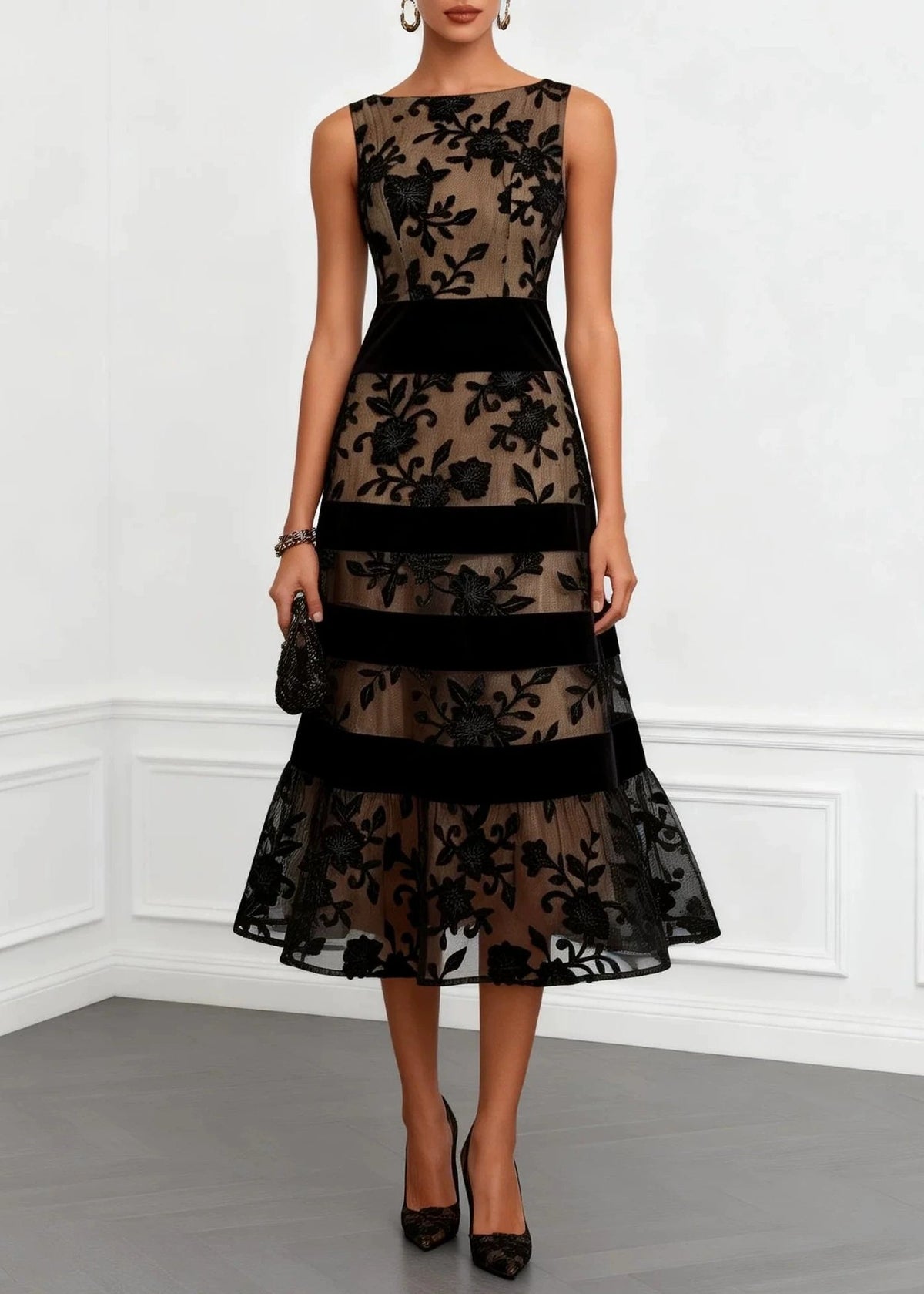 Mesh Floral Embroidery Boat Neck Velvet Band Tiered Hem Midi Dress