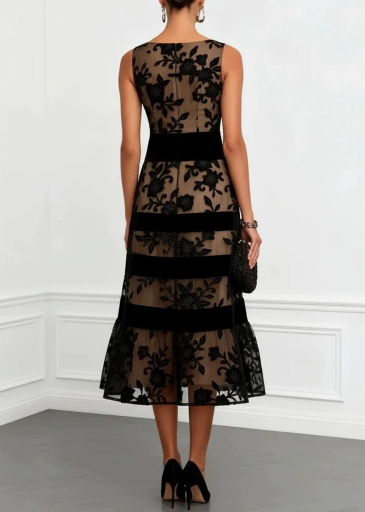 Mesh Floral Embroidery Boat Neck Velvet Band Tiered Hem Midi Dress - View 2