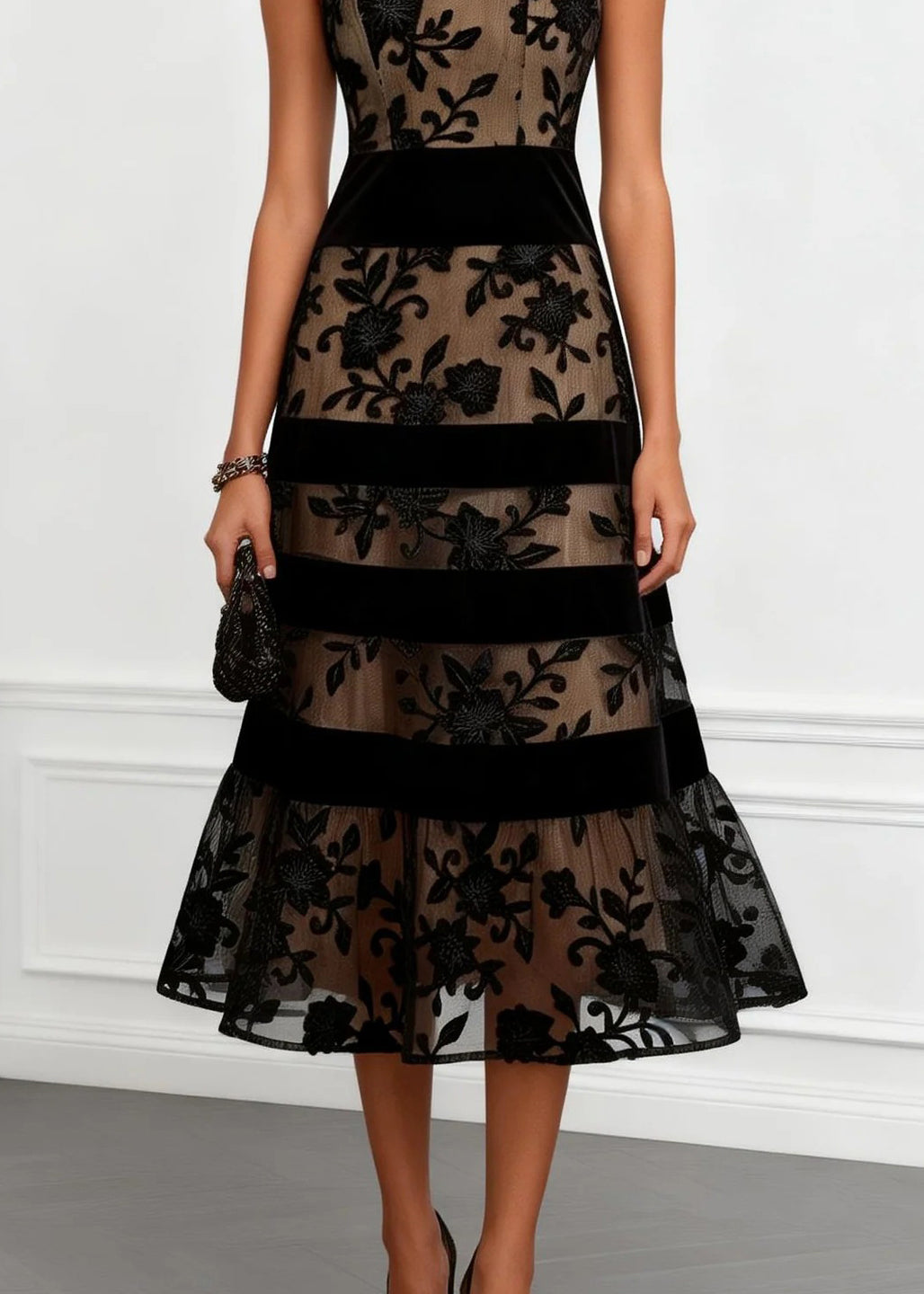 Mesh Floral Embroidery Boat Neck Velvet Band Tiered Hem Midi Dress - View 4