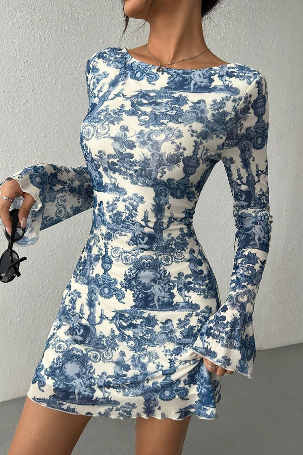 Chic Blue Printed Trumpet Sleeve Backless Mini Dress