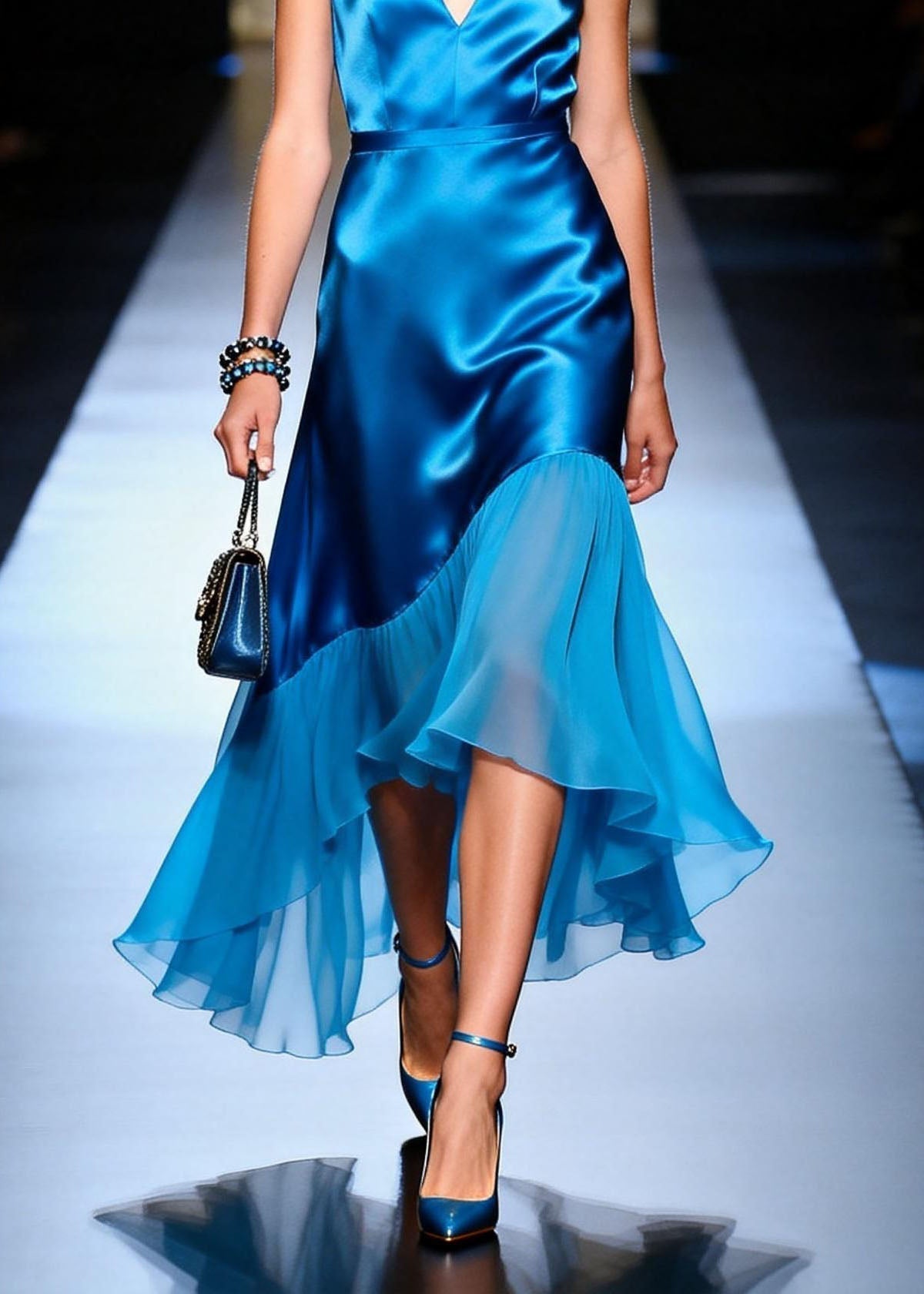 Satin Deep V-Neck Sleeveless Asymmetric Ruffle High Low Midi Dress - View 4
