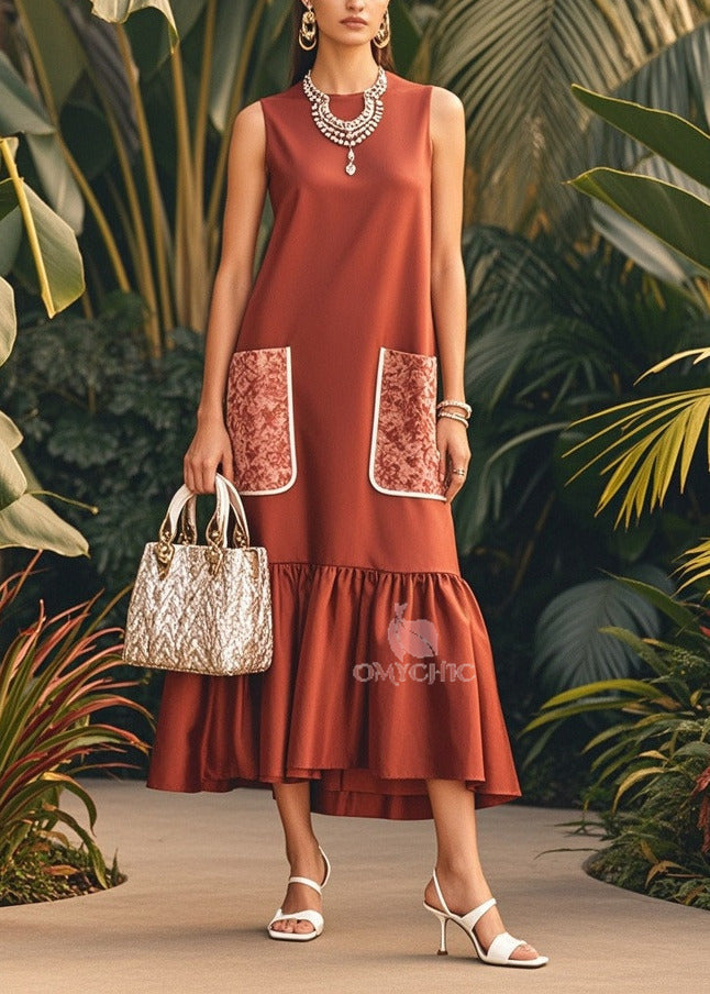 Jacquard Patch Pocket Crew Neck Sleeveless Tiered Midi Dress
