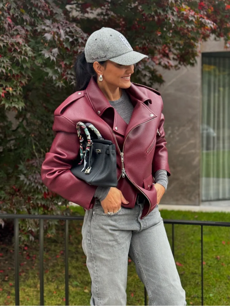 Burgundy Zipper Stand Collar Leather Coat