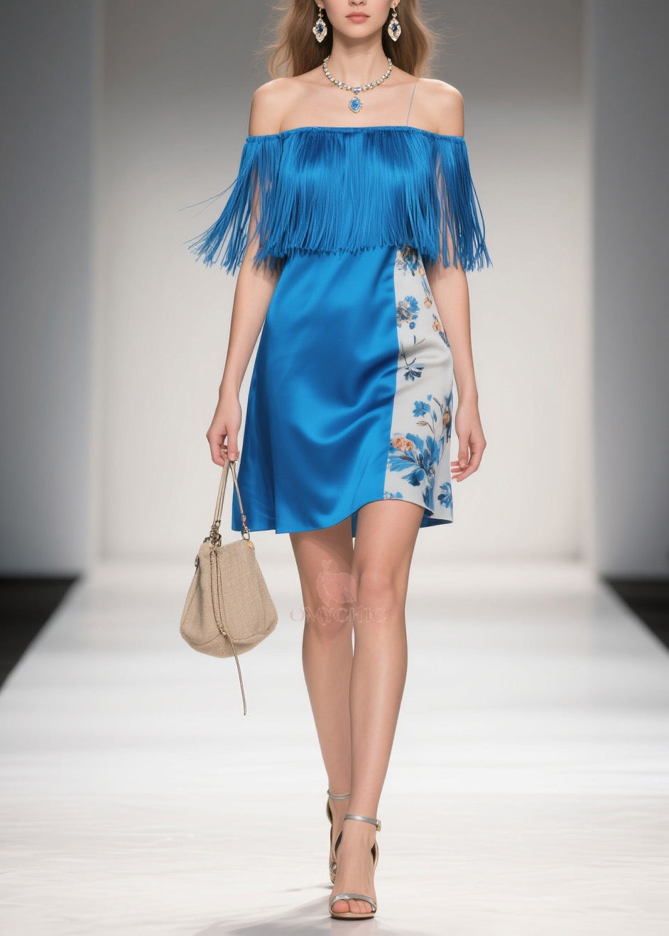 Off Shoulder Fringe Neckline Print Panel A-Line Mini Summer Dress