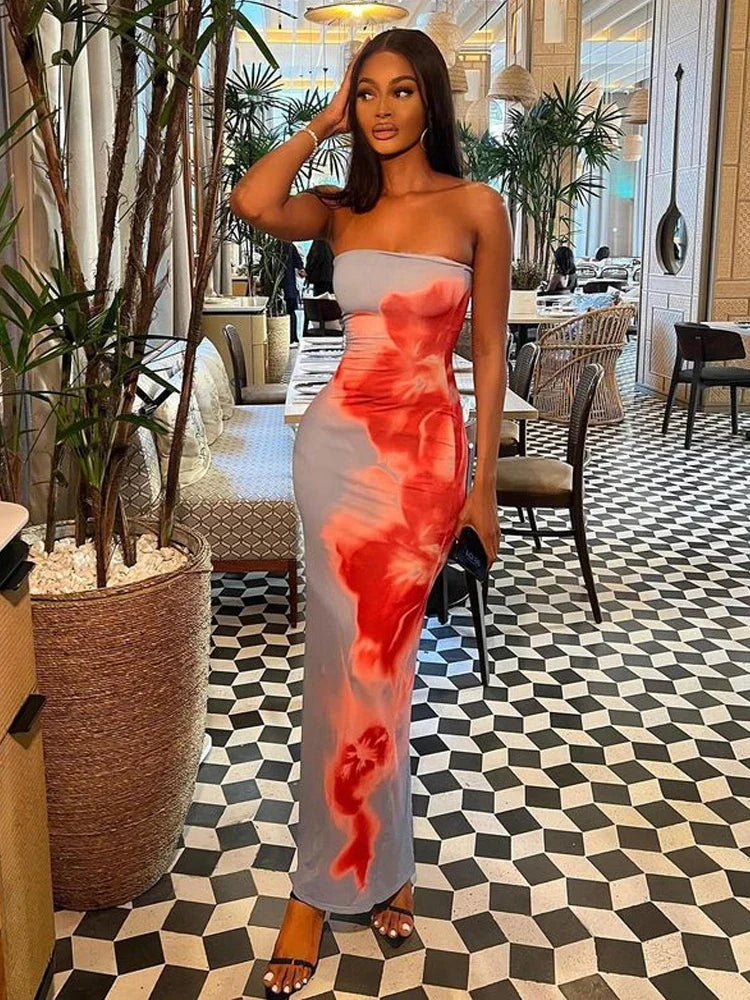 Chic Floral Strapless Midi Split Backless Dress