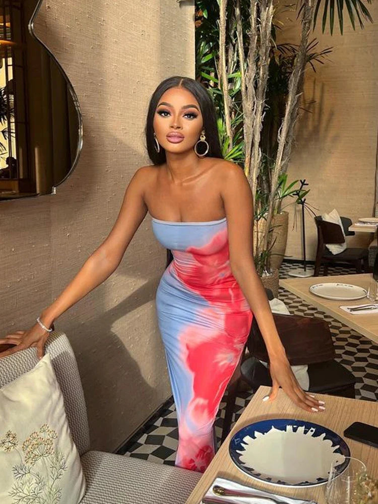 Chic Floral Strapless Midi Split Backless Dress