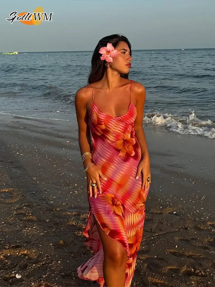 Chic V-neck Beach Ruffles Backless Floral Dress