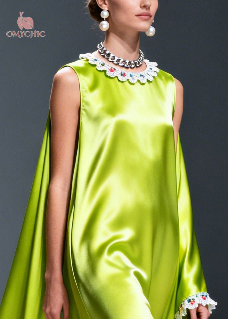 Lace Collar Asymmetric Cape One Sleeve Ruffle Flounce Satin Maxi Gown - View 2