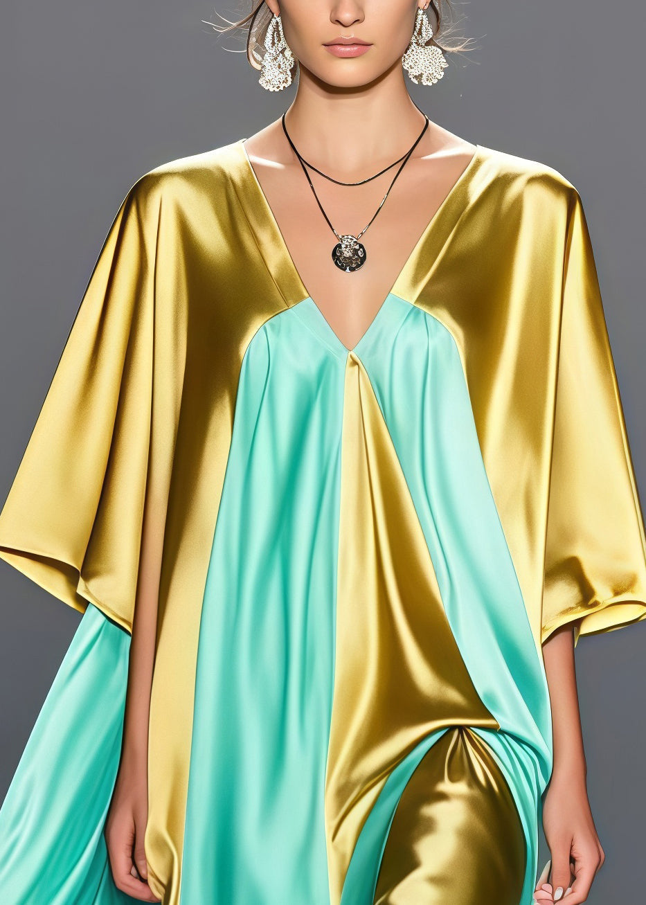 Deep V-Neck Kimono Sleeve Center Slit Draped Panel Maxi Gown - View 2