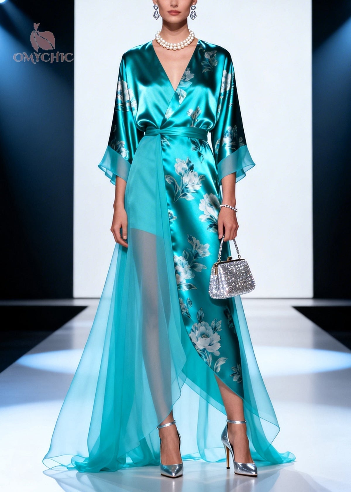 Floral Print Wrap Deep V-Neck Sleeve Tie Waist High Low Maxi Gown - View 3
