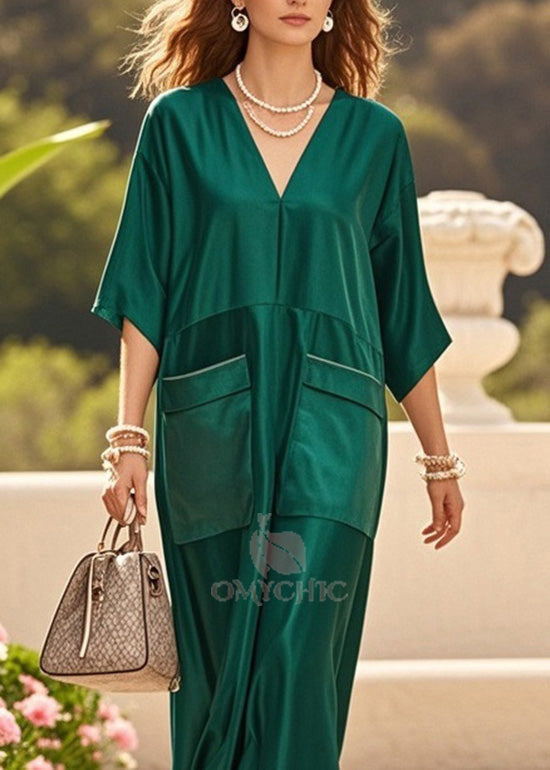 Deep V-Neck Short Sleeve Flap Pocket Relaxed Satin Midi Dress - View 2