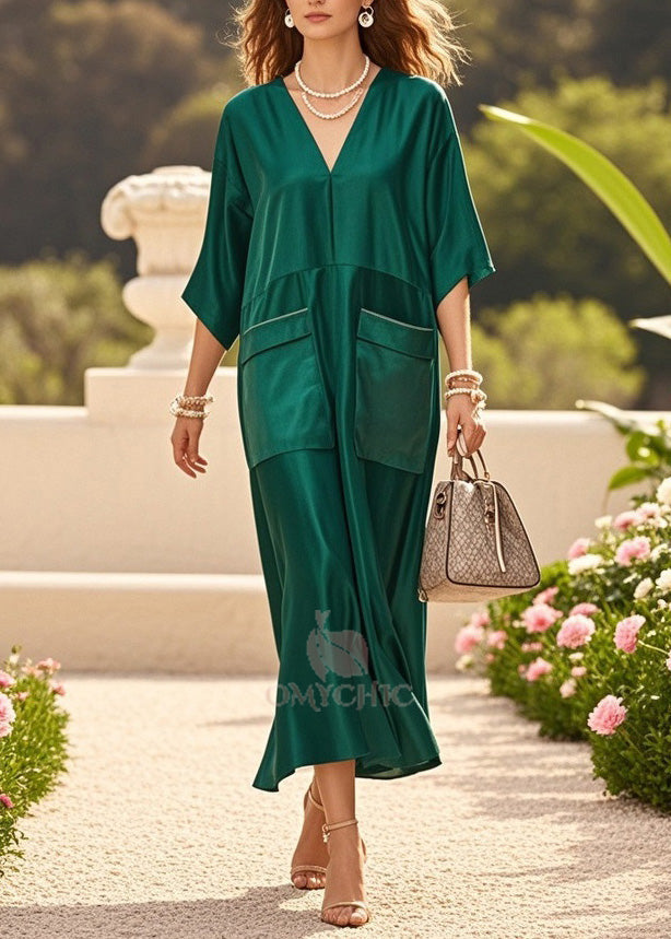 Deep V-Neck Short Sleeve Flap Pocket Relaxed Satin Midi Dress - View 3