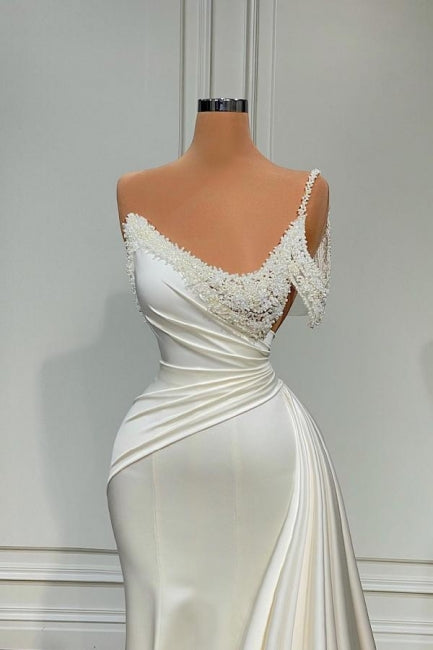 Chic Long Ivory Mermaid One-Shoulder Sleeveless Wedding Gown with Lustrous Pearls - Fashionpara