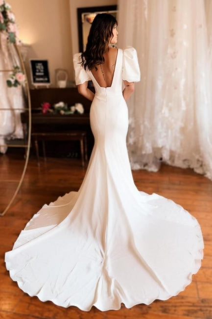 Chic Long Mermaid Square Neck Satin Backless Wedding Dress with Short Sleeves - Fashionpara