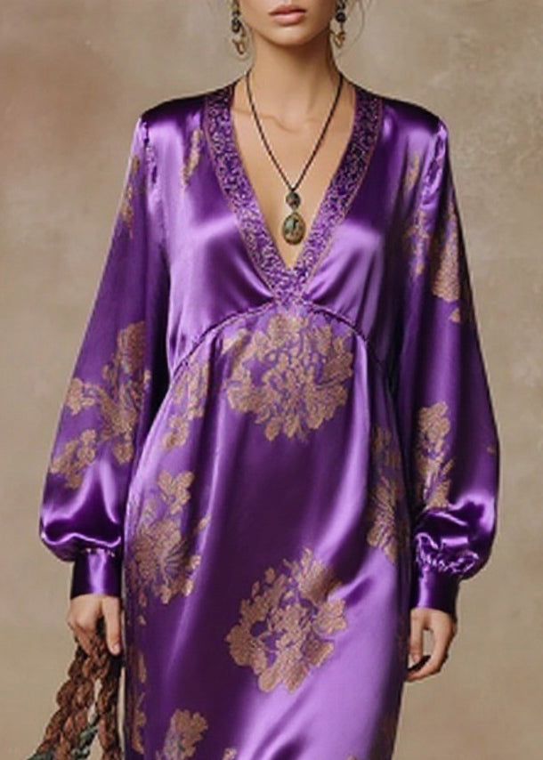 Satin Floral Damask Deep V-Neck Bishop Sleeve Tassel Fringe Maxi Gown - View 2