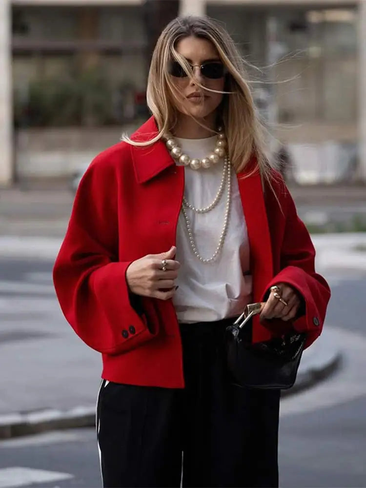Chic Red Short Elegant Turn Down Collar Long Sleeve Coats - Fashionpara