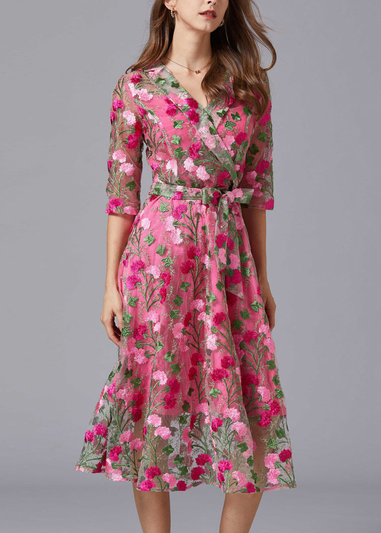 Floral Embroidered Tulle Overlay Wrap V-Neck Tie Waist Midi Dress - View 2