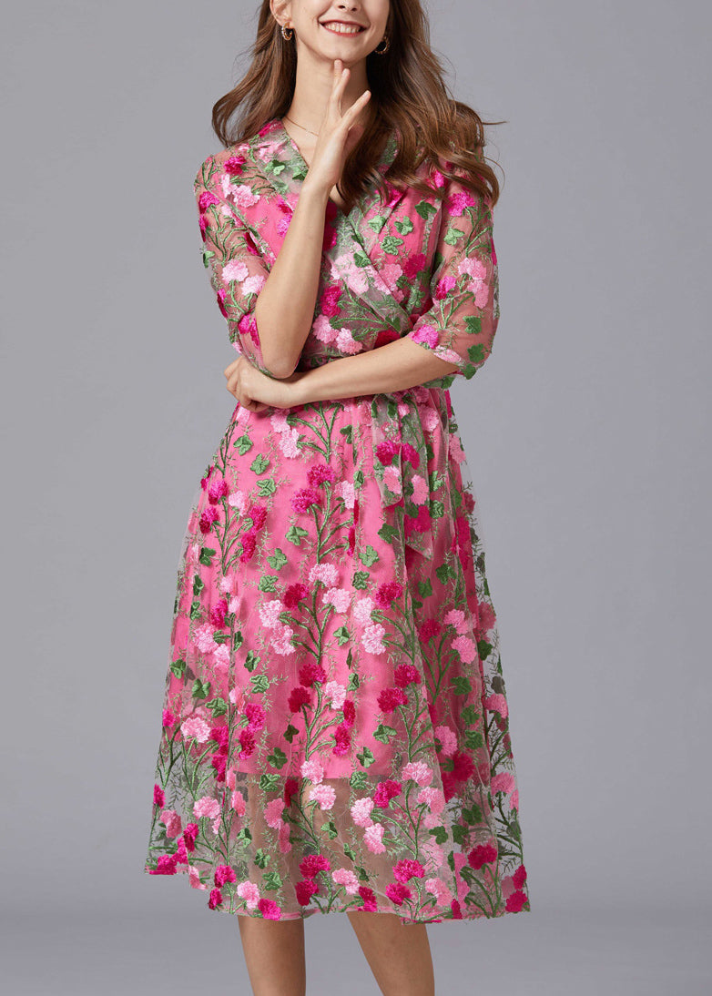 Floral Embroidered Tulle Overlay Wrap V-Neck Tie Waist Midi Dress - View 3
