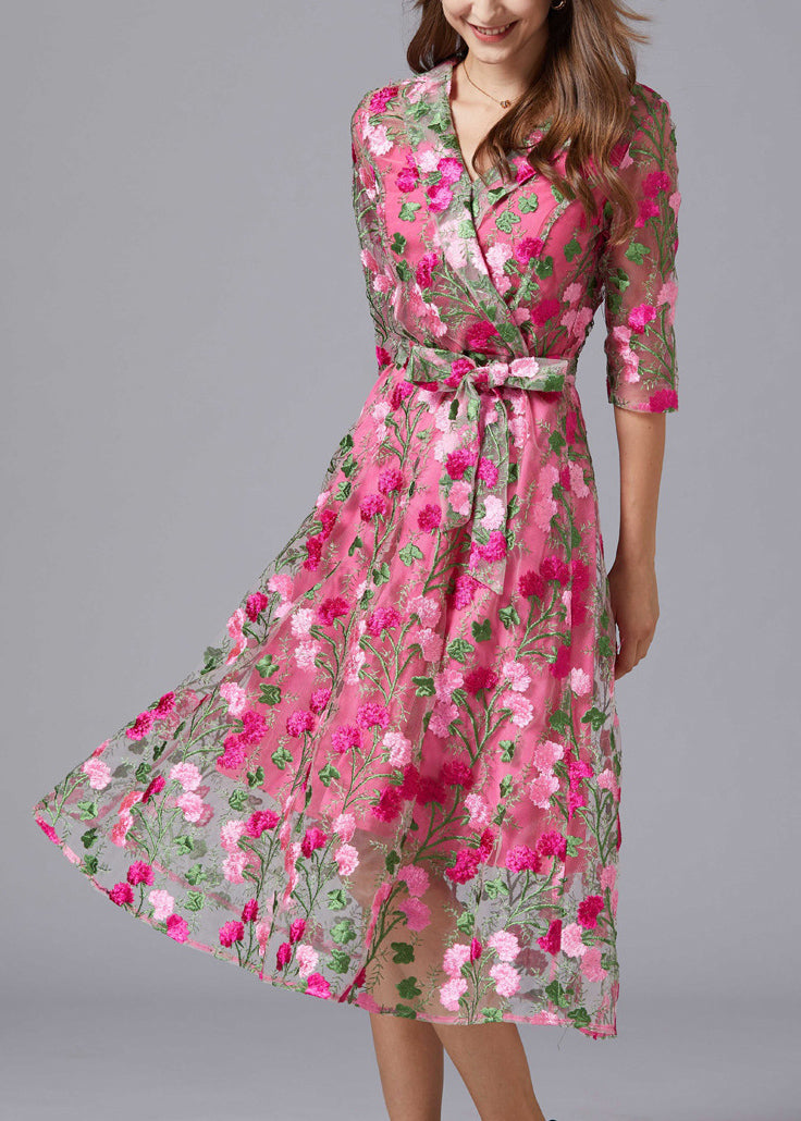 Floral Embroidered Tulle Overlay Wrap V-Neck Tie Waist Midi Dress - View 4
