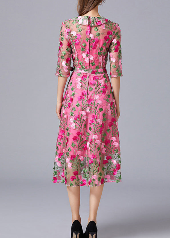 Floral Embroidered Tulle Overlay Wrap V-Neck Tie Waist Midi Dress - View 5