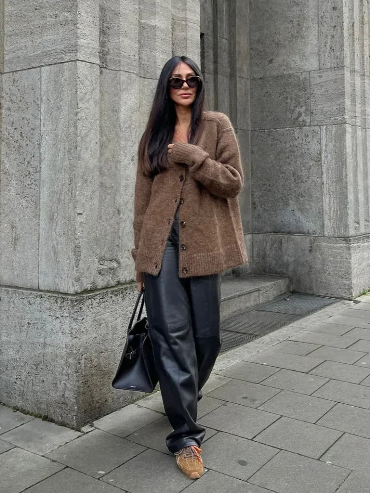 Solid V-neck Mohair Loose Cardigan