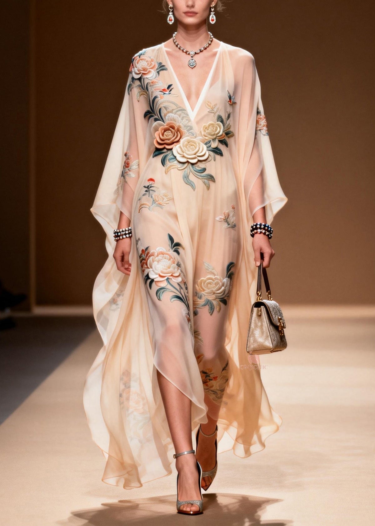 Chic V Neck Print Wrinkled Chiffon Maxi Dresses Spring - View 3